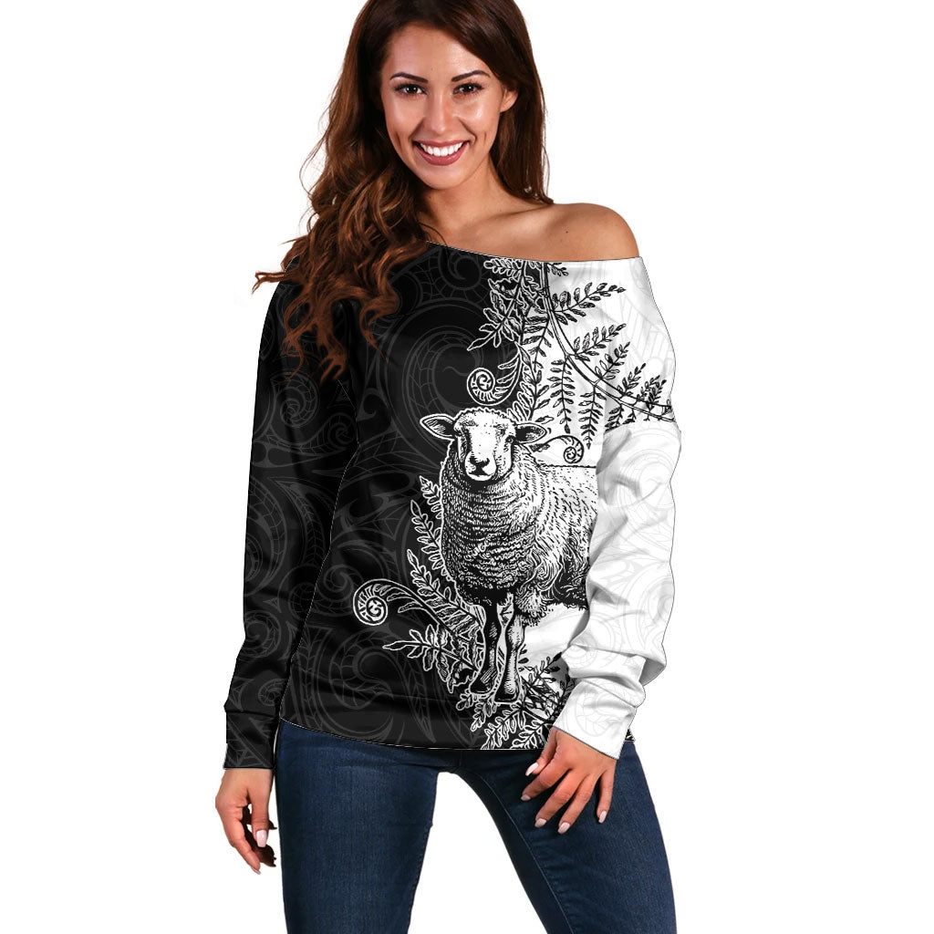 New Zealand Aotearoa Hipi Off Shoulder Sweater Maori Pattern LT05 Women Black - Polynesian Pride
