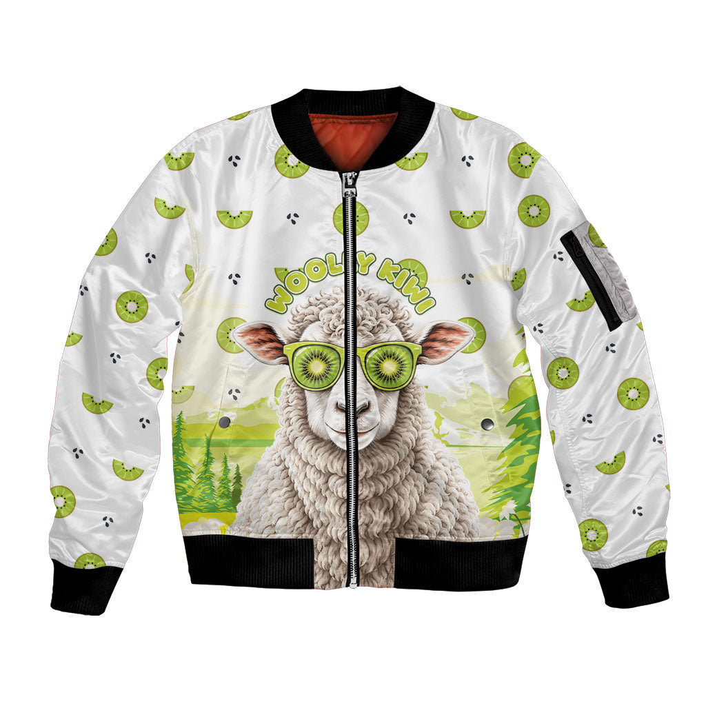 New Zealand Funny Woolly Kiwi Sheep Sleeve Zip Bomber Jacket LT05 Unisex White - Polynesian Pride