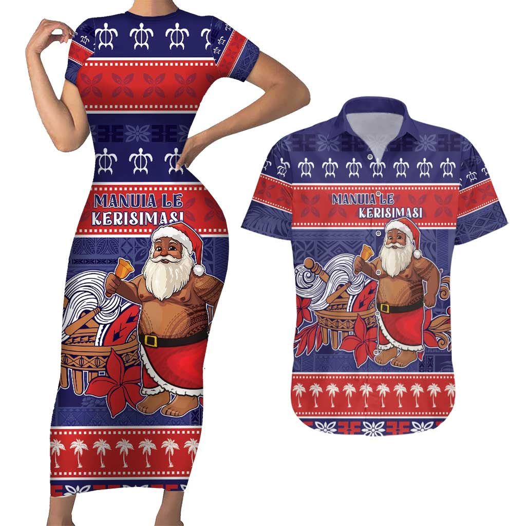 Samoa Christmas Couples Matching Short Sleeve Bodycon Dress and Hawaiian Shirt Samoan Santa Claus Manuia Le Kerisimasi LT05 Blue - Polynesian Pride