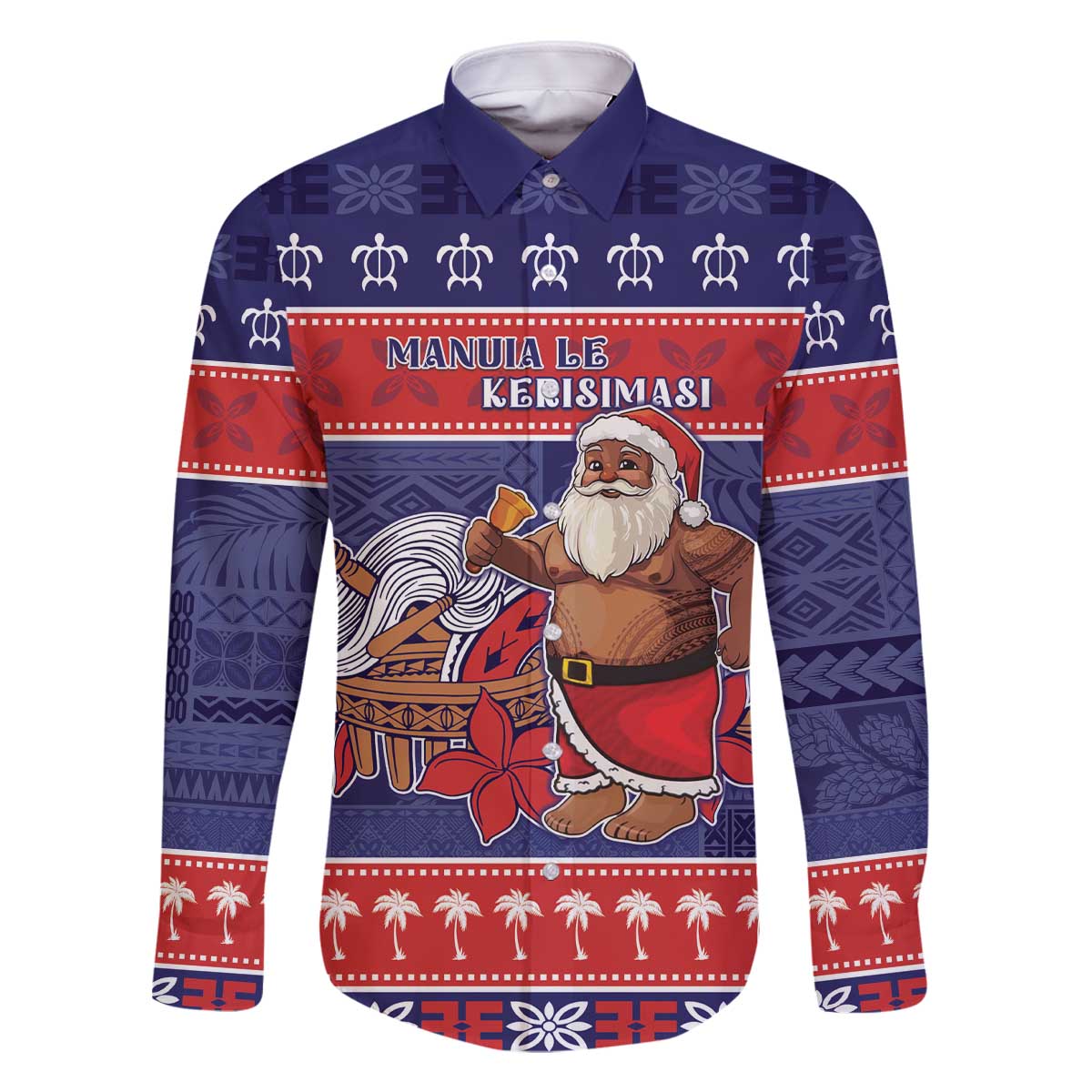 Samoa Christmas Family Matching Off The Shoulder Long Sleeve Dress and Hawaiian Shirt Samoan Santa Claus Manuia Le Kerisimasi LT05 Dad's Shirt - Long Sleeve Blue - Polynesian Pride