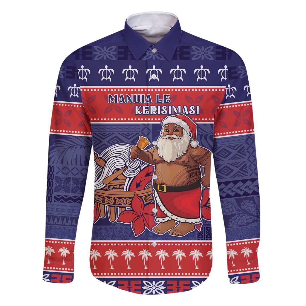 Samoa Christmas Family Matching Off Shoulder Maxi Dress and Hawaiian Shirt Samoan Santa Claus Manuia Le Kerisimasi LT05 Dad's Shirt - Long Sleeve Blue - Polynesian Pride