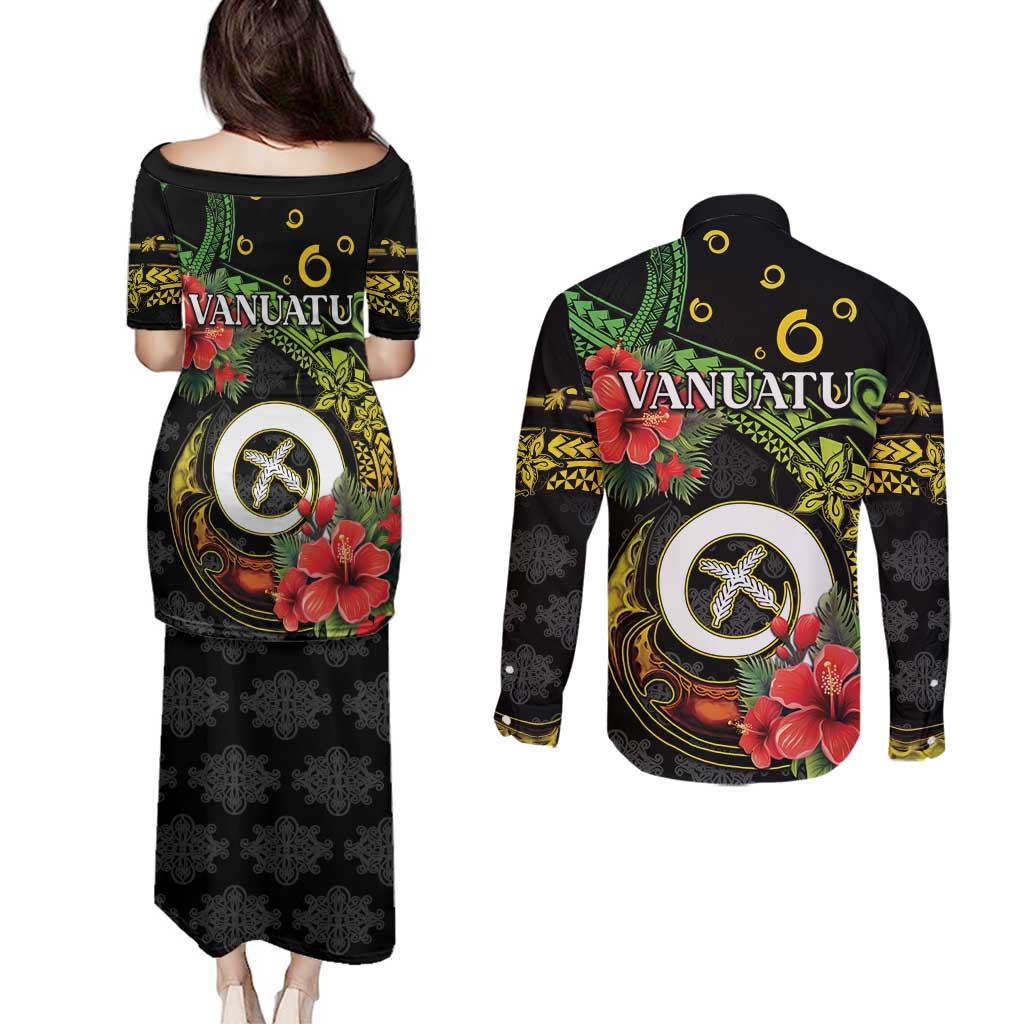 Love Vanuatu Christmas Couples Matching Puletasi and Long Sleeve Button Shirt God Yumi Polynesian Tribal Pattern
