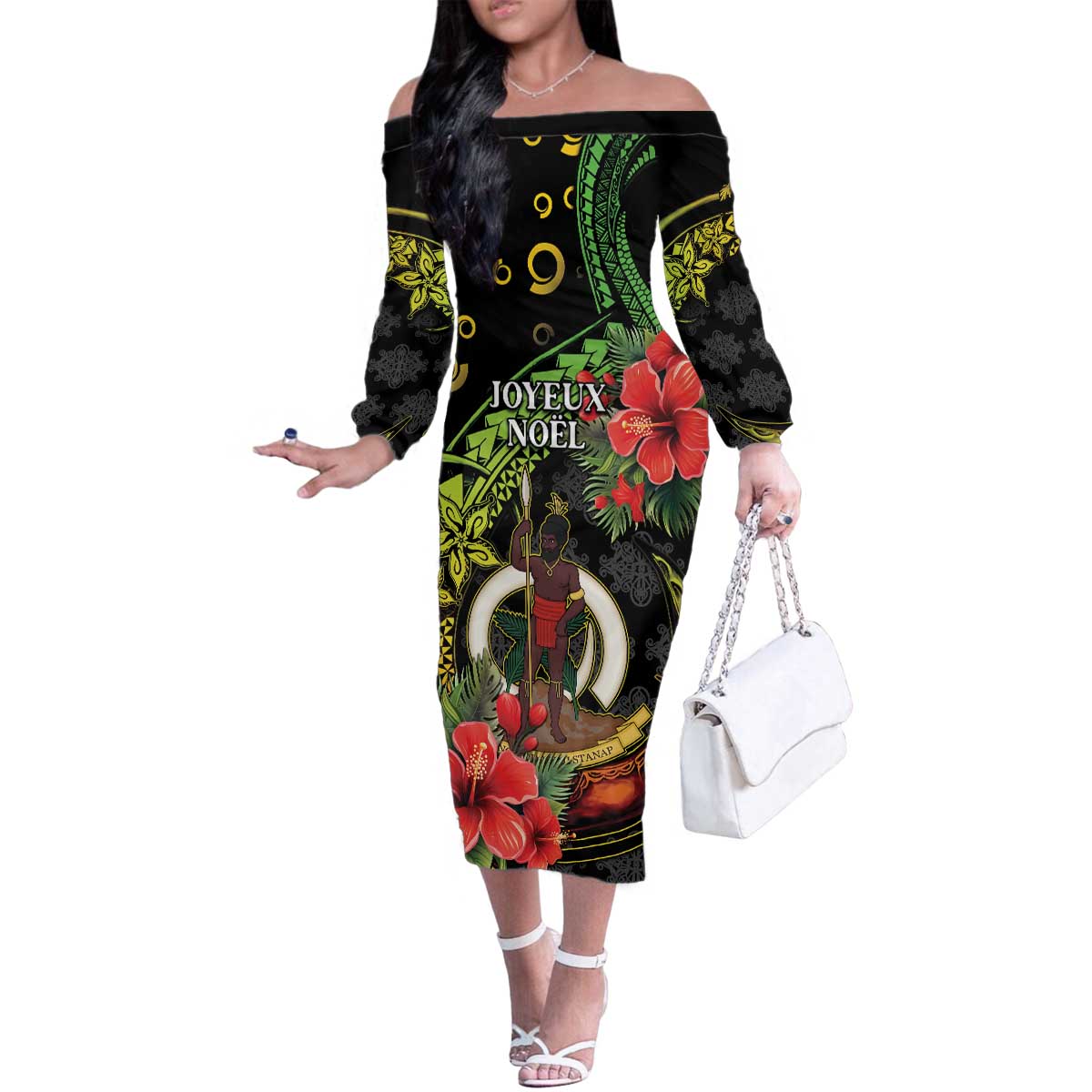 Love Vanuatu Christmas Family Matching Off The Shoulder Long Sleeve Dress and Hawaiian Shirt God Yumi Polynesian Tribal Pattern LT05 Mom's Dress Black - Polynesian Pride
