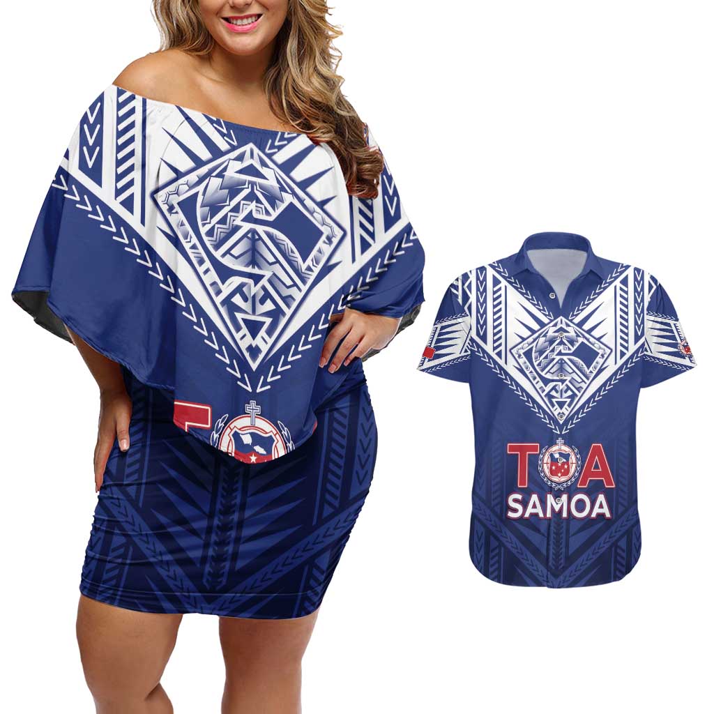Super Toa Samoa Rugby Custom Couples Matching Off Shoulder Short Dress and Hawaiian Shirt Warrior Spirit LT05