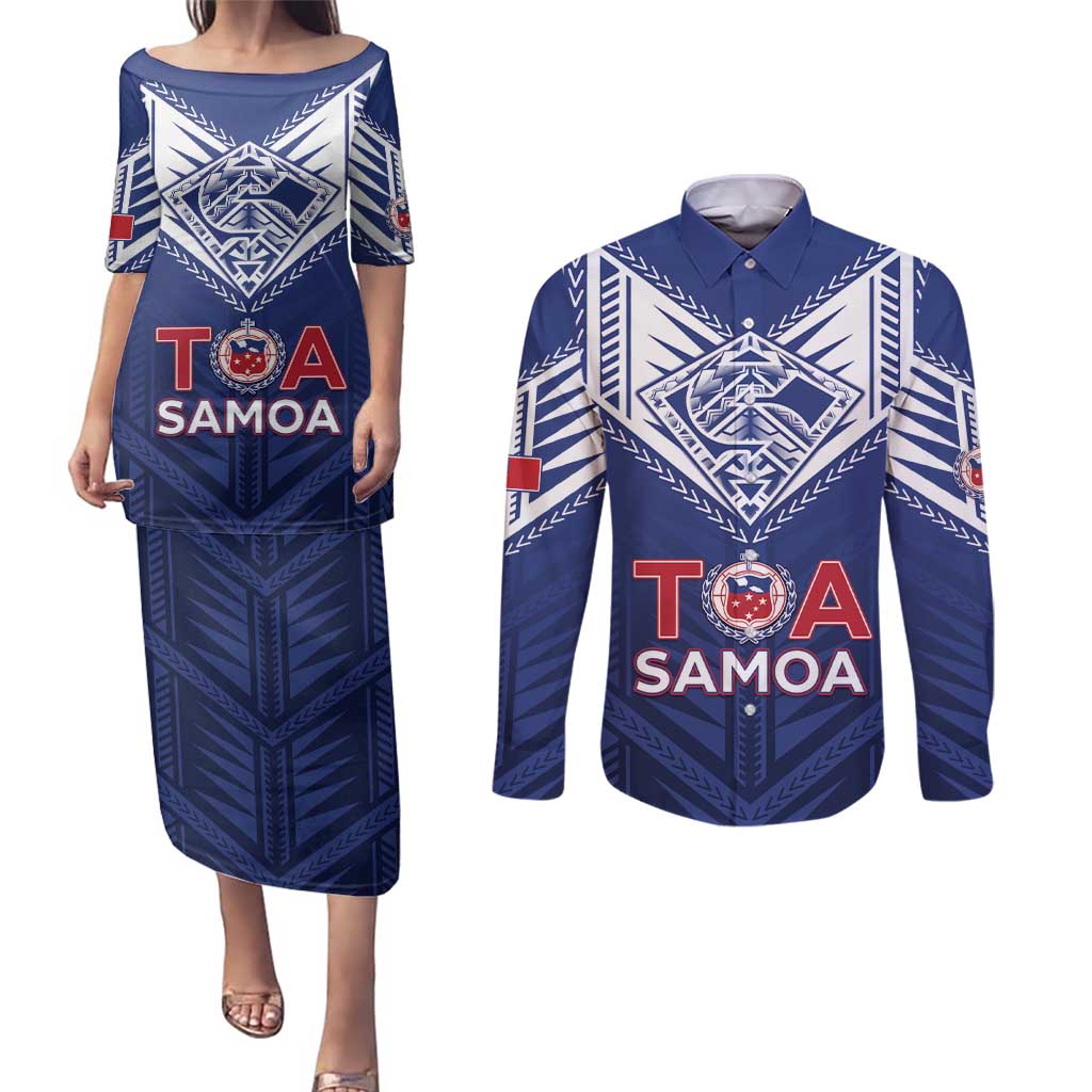 Super Toa Samoa Rugby Custom Couples Matching Puletasi and Long Sleeve Button Shirt Warrior Spirit LT05
