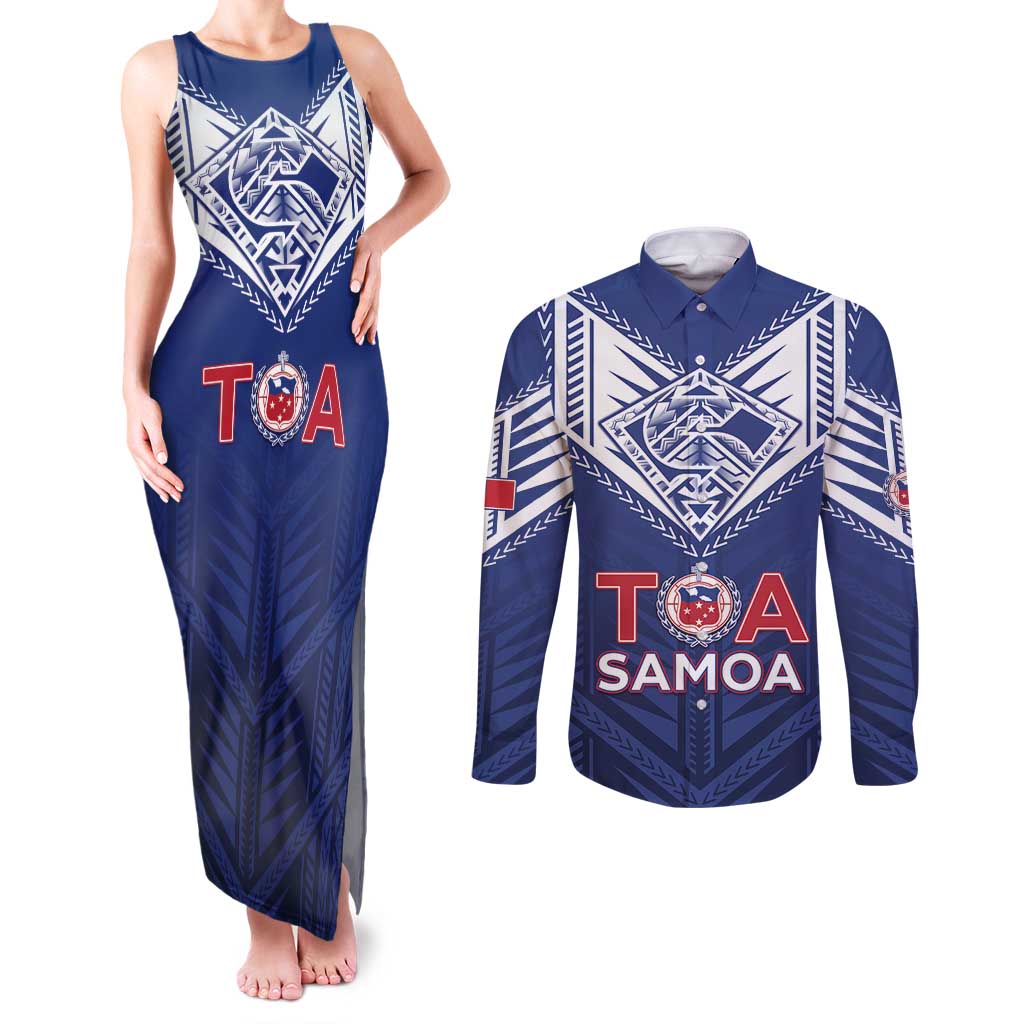 Super Toa Samoa Rugby Custom Couples Matching Tank Maxi Dress and Long Sleeve Button Shirt Warrior Spirit LT05