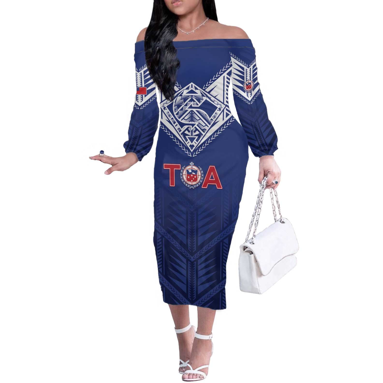 Super Toa Samoa Rugby Custom Off The Shoulder Long Sleeve Dress Warrior Spirit LT05