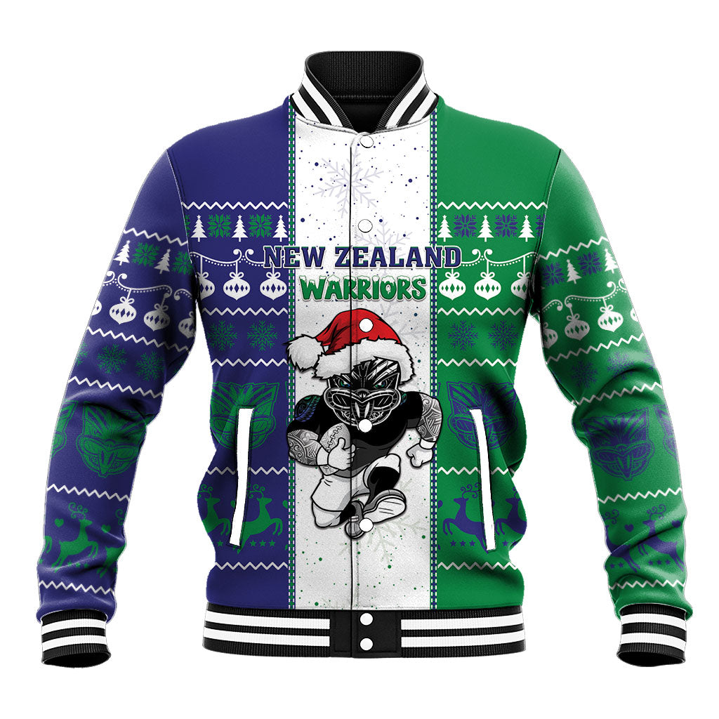 New Zealand Warriors Rugby Christmas Baseball Jacket Santa Maori Mascot LT05 Unisex White - Polynesian Pride