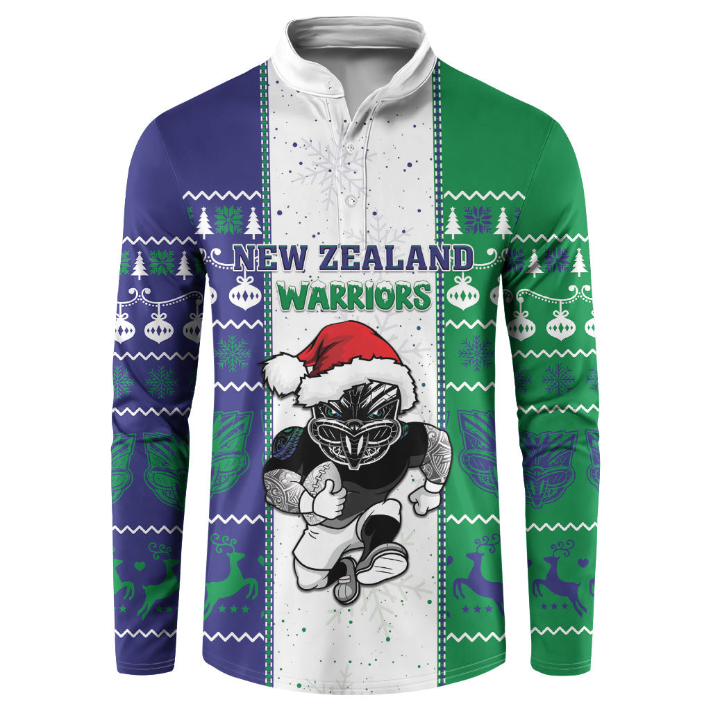 New Zealand Warriors Rugby Christmas Button Sweatshirt Santa Maori Mascot LT05 White - Polynesian Pride
