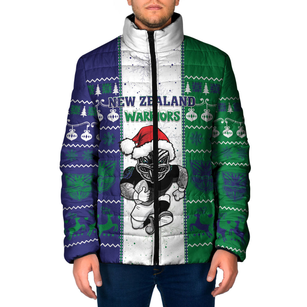 New Zealand Warriors Rugby Christmas Padded Jacket Santa Maori Mascot LT05 Men White - Polynesian Pride