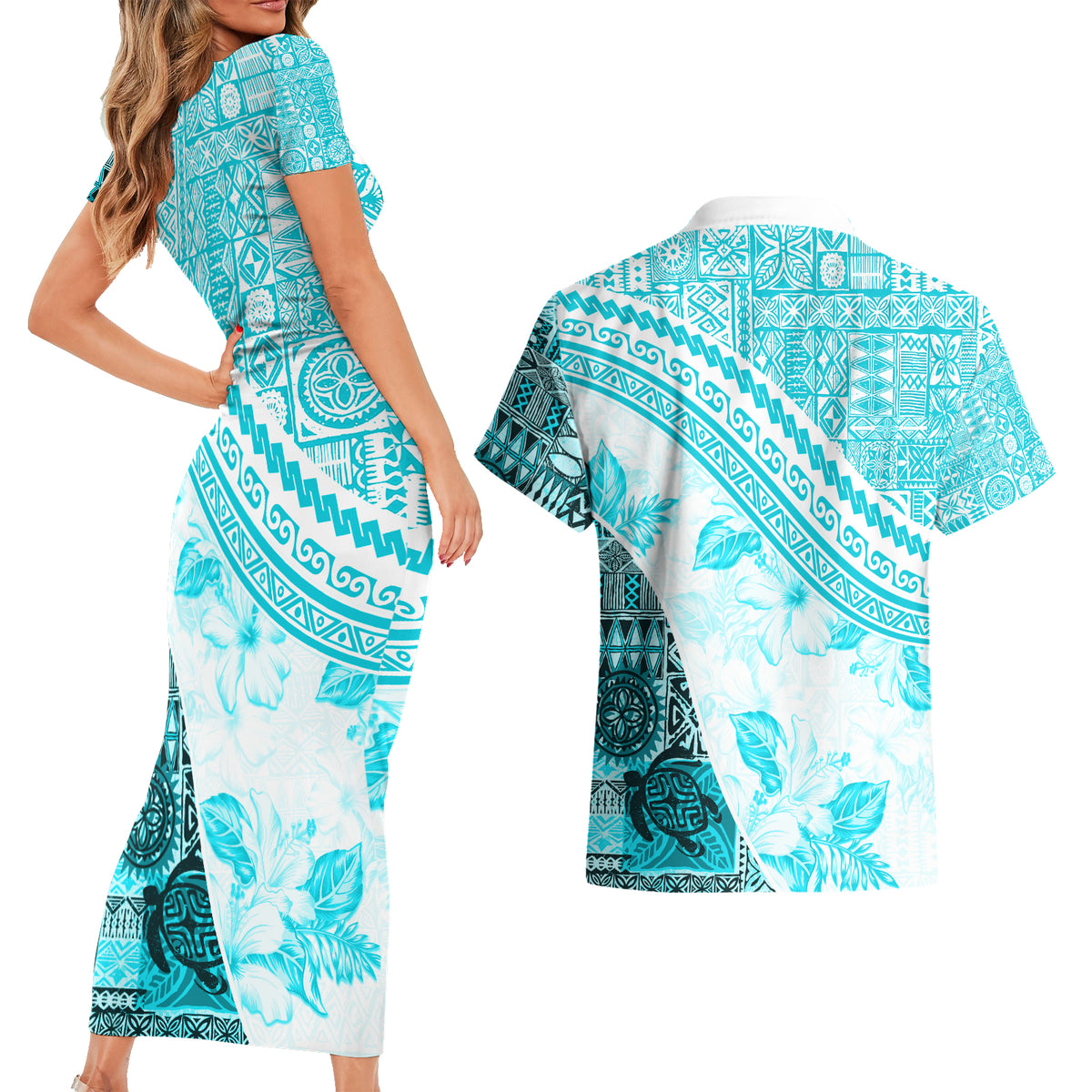 Hawaiian Tapa Couples Matching Short Sleeve Bodycon Dress and Hawaiian Shirt Traditional Vintage Pattern Aqua LT05 - Polynesian Pride