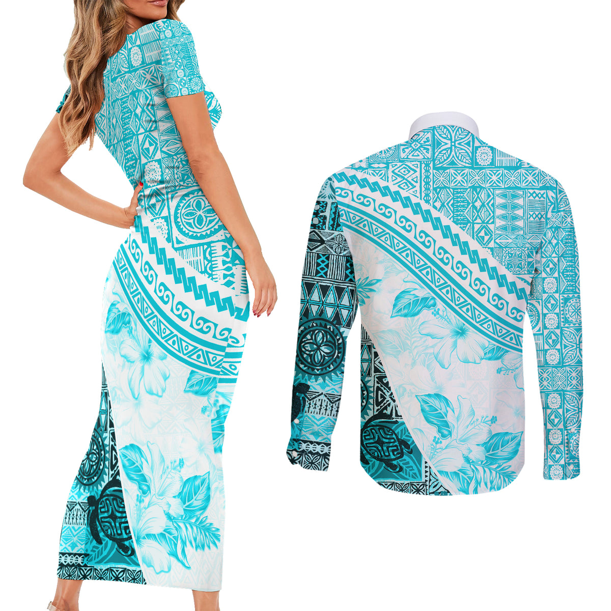 Hawaiian Tapa Couples Matching Short Sleeve Bodycon Dress and Long Sleeve Button Shirt Traditional Vintage Pattern Aqua LT05 - Polynesian Pride