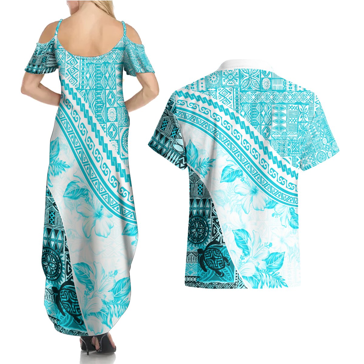 Hawaiian Tapa Couples Matching Summer Maxi Dress and Hawaiian Shirt Traditional Vintage Pattern Aqua LT05 - Polynesian Pride