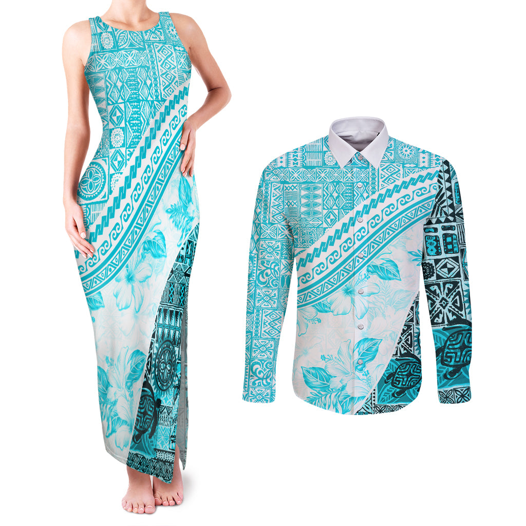 Hawaiian Tapa Couples Matching Tank Maxi Dress and Long Sleeve Button Shirt Traditional Vintage Pattern Aqua LT05 Aqua - Polynesian Pride