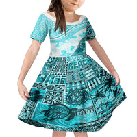 Hawaiian Tapa Family Matching Off Shoulder Maxi Dress and Hawaiian Shirt Traditional Vintage Pattern Aqua LT05 Daughter's Dress Aqua - Polynesian Pride