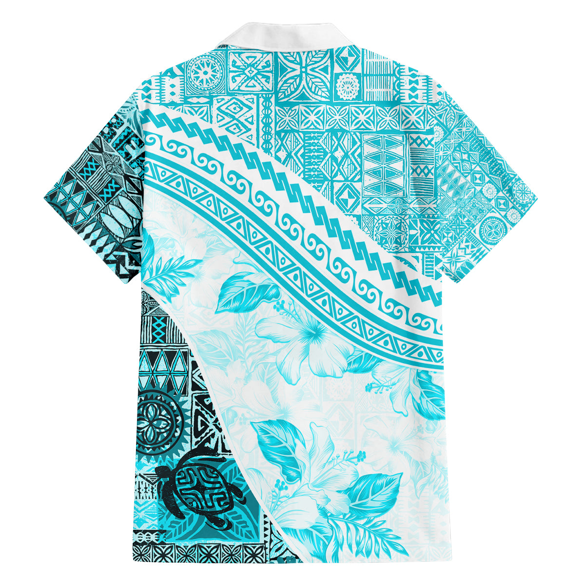 Hawaiian Tapa Family Matching Off Shoulder Short Dress and Hawaiian Shirt Traditional Vintage Pattern Aqua LT05 - Polynesian Pride