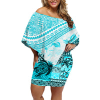 Hawaiian Tapa Family Matching Off Shoulder Short Dress and Hawaiian Shirt Traditional Vintage Pattern Aqua LT05 Mom's Dress Aqua - Polynesian Pride