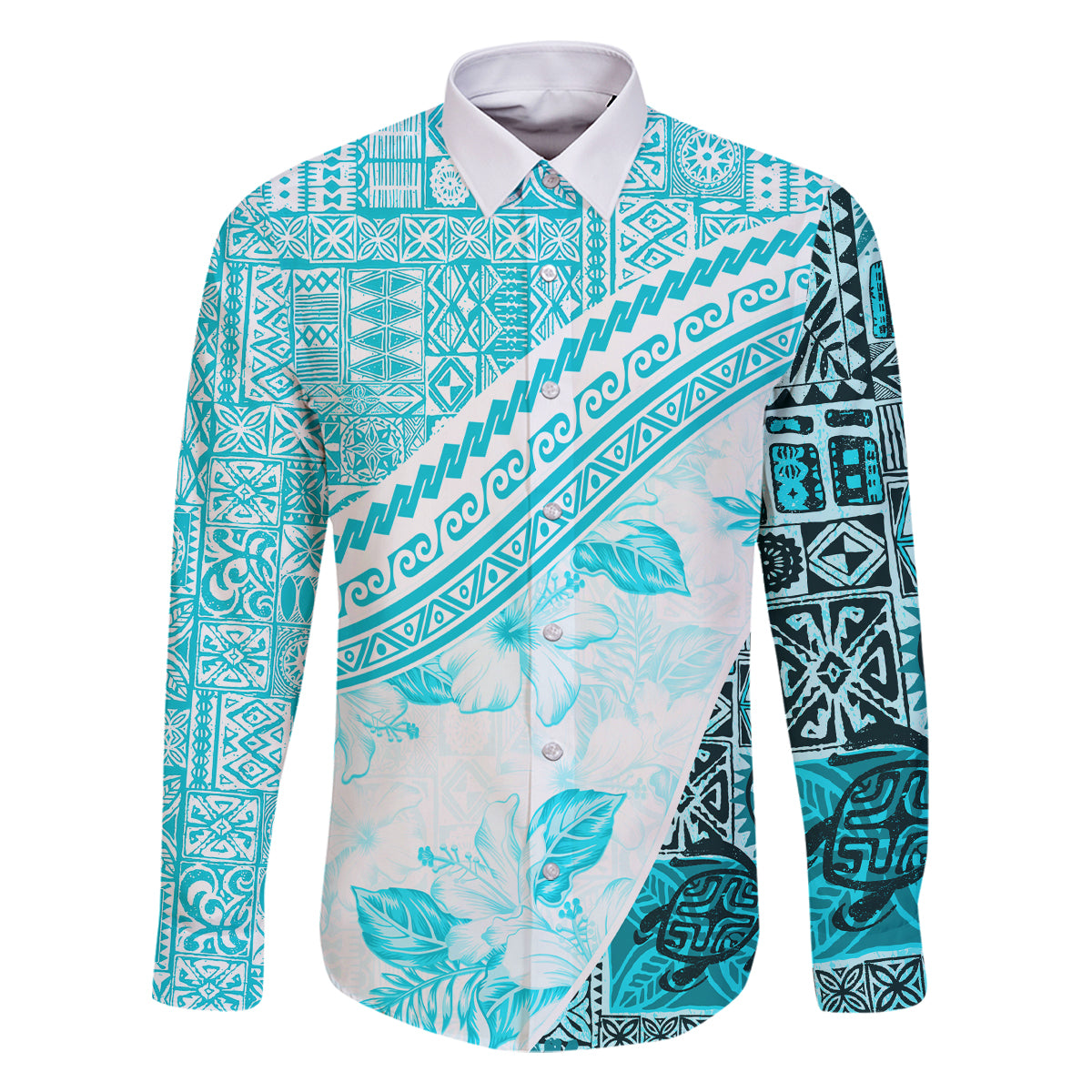 Hawaiian Tapa Family Matching Tank Maxi Dress and Hawaiian Shirt Traditional Vintage Pattern Aqua LT05 Dad's Shirt - Long Sleeve Aqua - Polynesian Pride