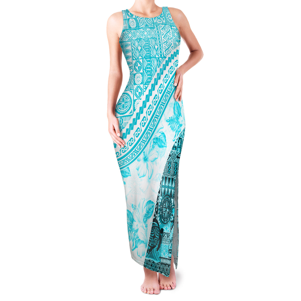 Hawaiian Tapa Family Matching Tank Maxi Dress and Hawaiian Shirt Traditional Vintage Pattern Aqua LT05 Mom's Dress Aqua - Polynesian Pride
