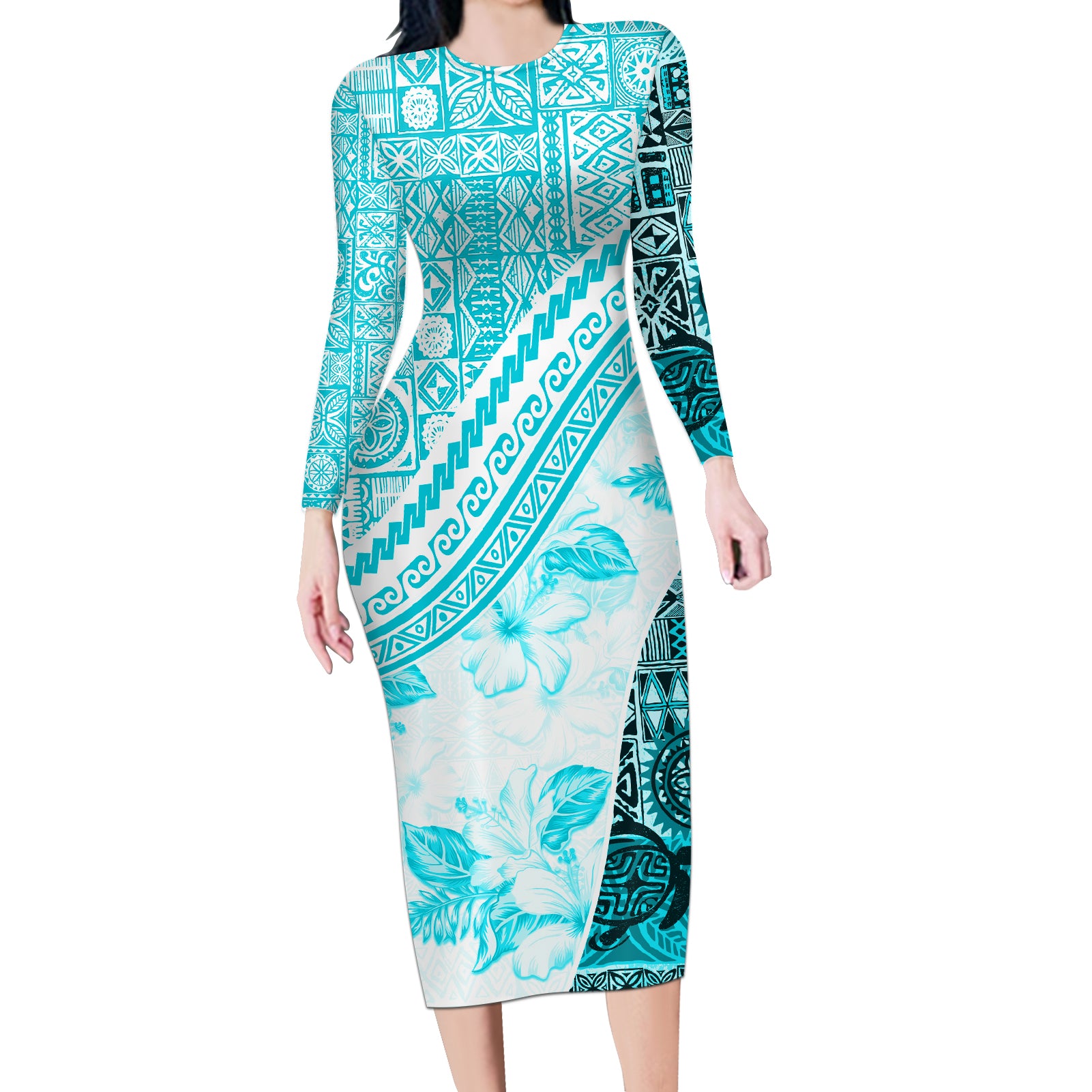 Hawaiian Tapa Long Sleeve Bodycon Dress Traditional Vintage Pattern Aqua LT05 Long Dress Aqua - Polynesian Pride
