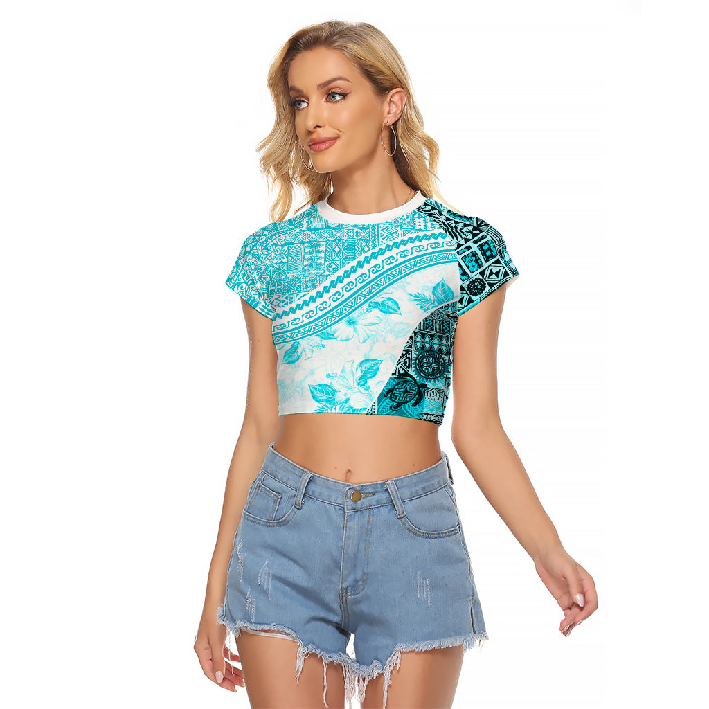 Hawaiian Tapa Raglan Cropped T Shirt Traditional Vintage Pattern Aqua LT05 Female Aqua - Polynesian Pride