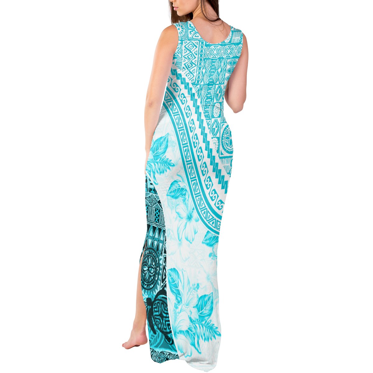 Hawaiian Tapa Tank Maxi Dress Traditional Vintage Pattern Aqua LT05 - Polynesian Pride