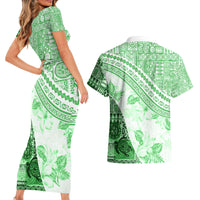 Hawaiian Tapa Couples Matching Short Sleeve Bodycon Dress and Hawaiian Shirt Traditional Vintage Pattern Green LT05 - Polynesian Pride