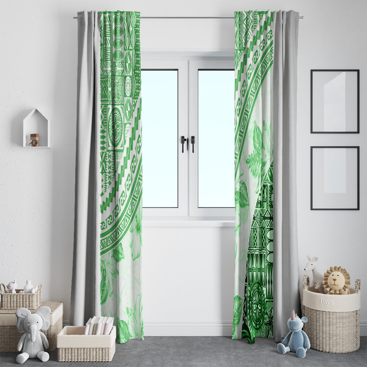 Hawaiian Tapa Window Curtain Traditional Vintage Pattern Green LT05 - Polynesian Pride