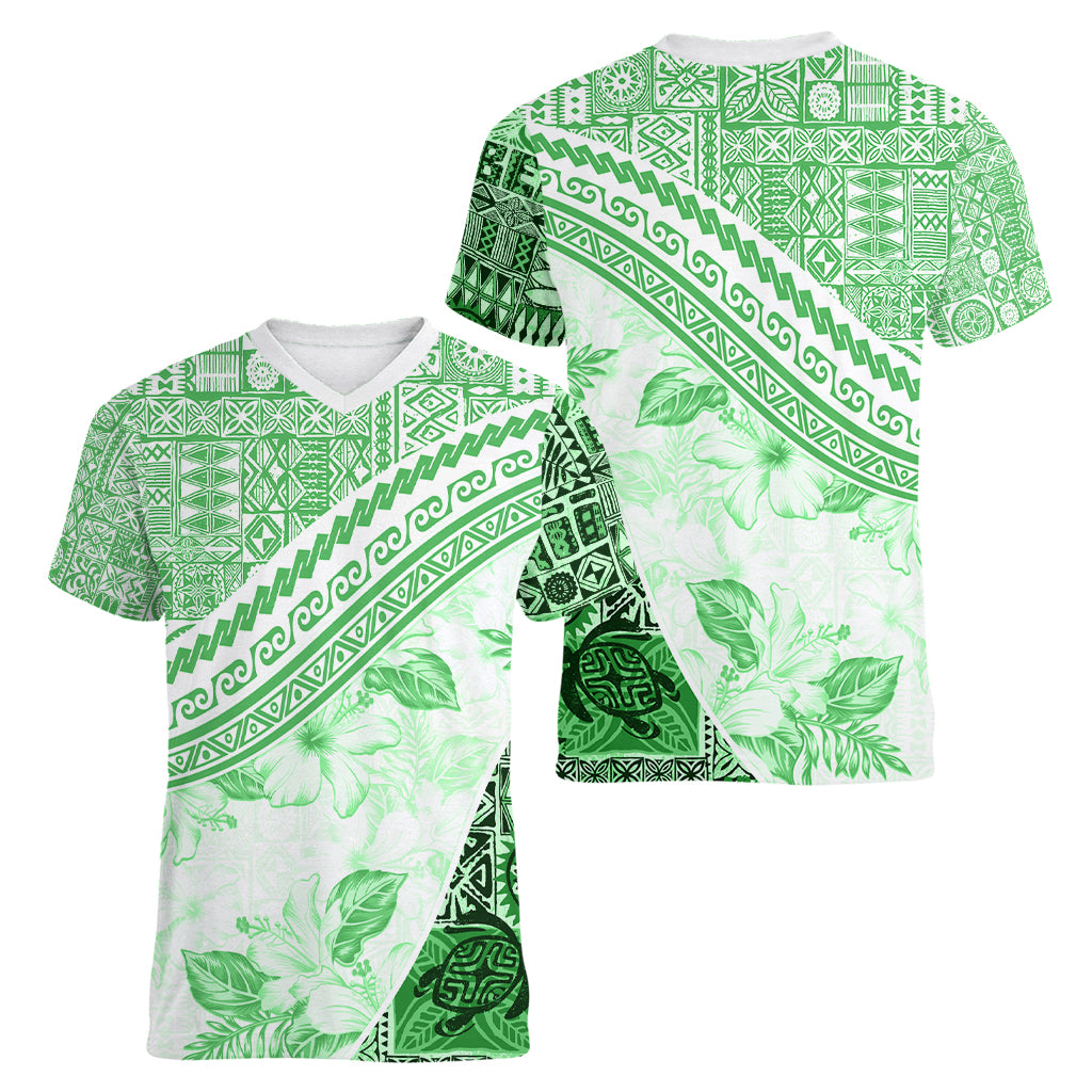Hawaiian Tapa Women V Neck T Shirt Traditional Vintage Pattern Green LT05 - Polynesian Pride