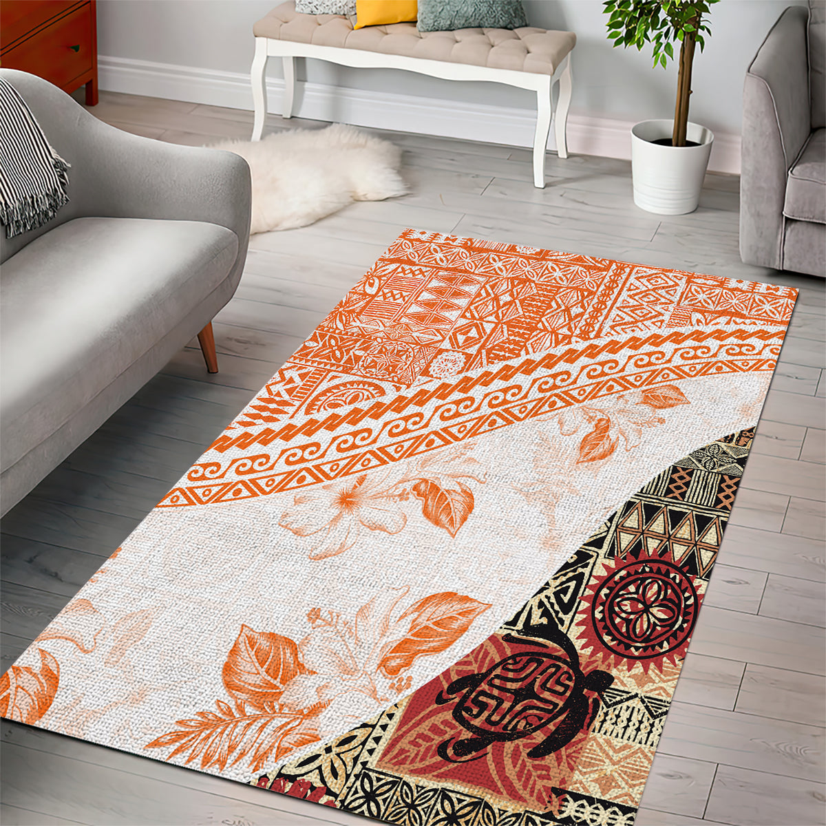 Hawaiian Tapa Area Rug Traditional Vintage Pattern Orange LT05 - Polynesian Pride