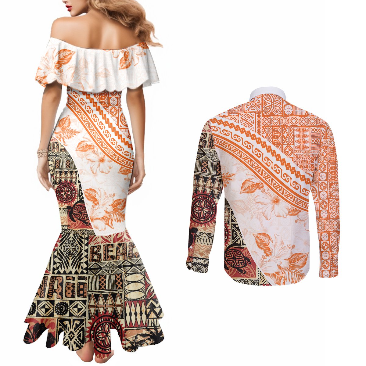 Hawaiian Tapa Couples Matching Mermaid Dress and Long Sleeve Button Shirt Traditional Vintage Pattern Orange LT05 - Polynesian Pride