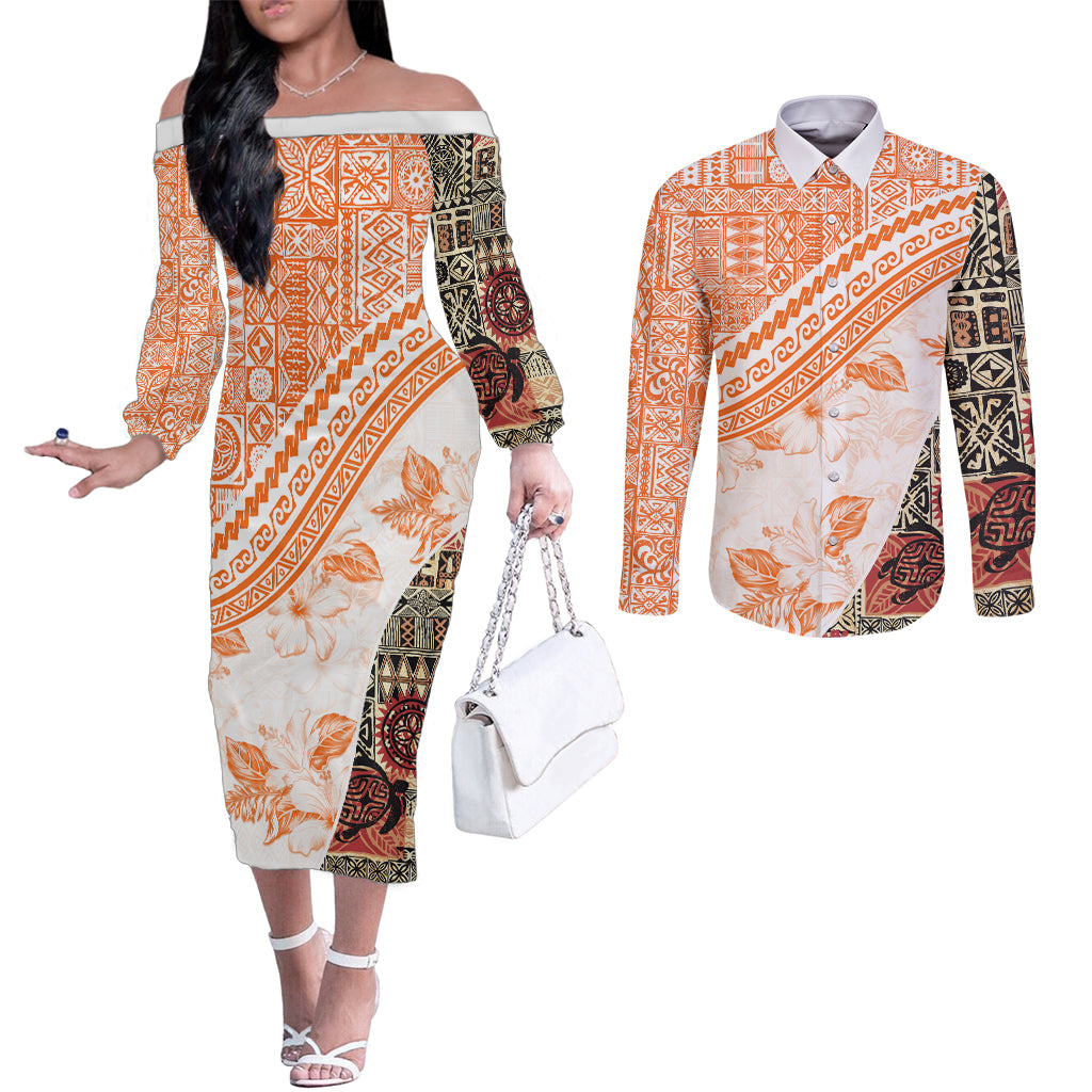 Hawaiian Tapa Couples Matching Off The Shoulder Long Sleeve Dress and Long Sleeve Button Shirt Traditional Vintage Pattern Orange LT05 Orange - Polynesian Pride