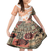 Hawaiian Tapa Family Matching Long Sleeve Bodycon Dress and Hawaiian Shirt Traditional Vintage Pattern Orange LT05 Daughter's Dress Orange - Polynesian Pride