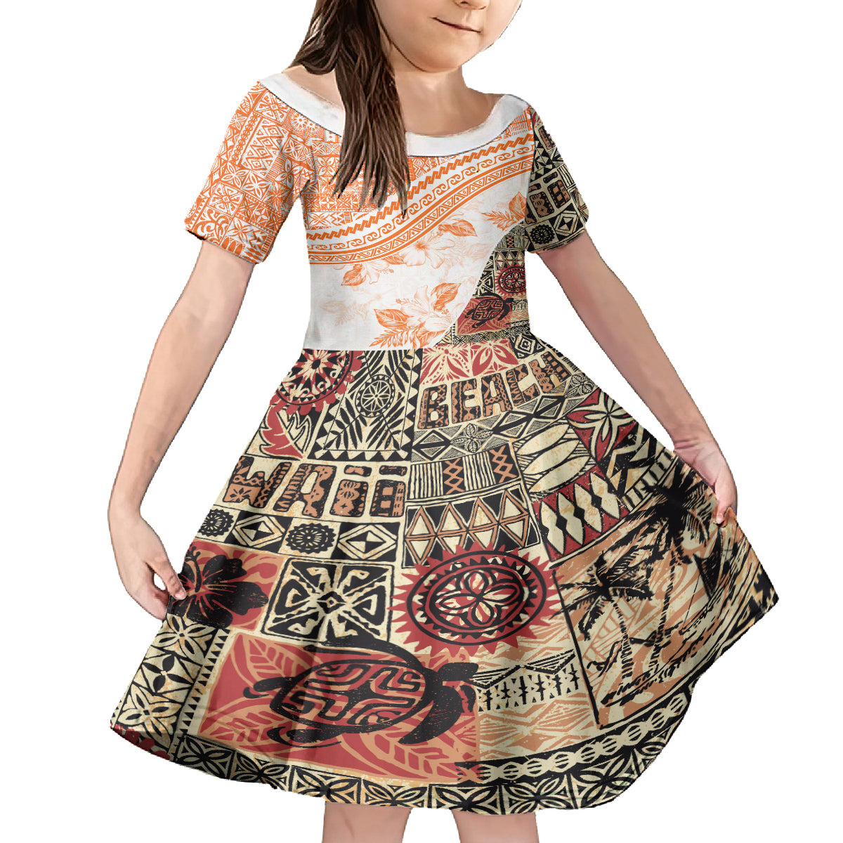 Hawaiian Tapa Family Matching Puletasi Dress and Hawaiian Shirt Traditional Vintage Pattern Orange LT05 Daughter's Dress Orange - Polynesian Pride