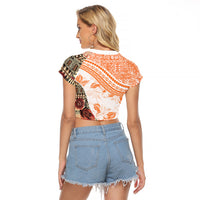 Hawaiian Tapa Raglan Cropped T Shirt Traditional Vintage Pattern Orange LT05 - Polynesian Pride