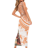 Hawaiian Tapa Short Sleeve Bodycon Dress Traditional Vintage Pattern Orange LT05 - Polynesian Pride