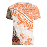 Hawaiian Tapa Women V Neck T Shirt Traditional Vintage Pattern Orange LT05 - Polynesian Pride