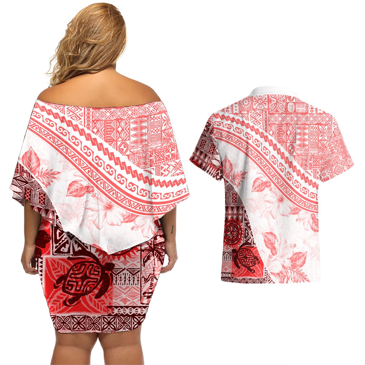 Hawaiian Tapa Couples Matching Off Shoulder Short Dress and Hawaiian Shirt Traditional Vintage Pattern Red LT05 - Polynesian Pride