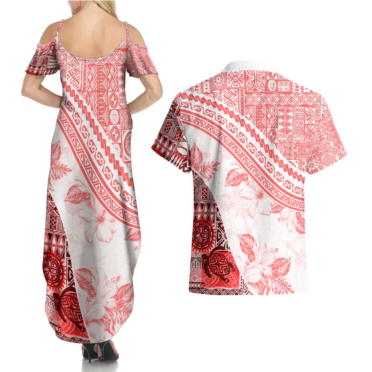 Hawaiian Tapa Couples Matching Summer Maxi Dress and Hawaiian Shirt Traditional Vintage Pattern Red LT05 - Polynesian Pride