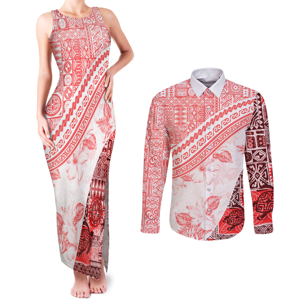 Hawaiian Tapa Couples Matching Tank Maxi Dress and Long Sleeve Button Shirt Traditional Vintage Pattern Red LT05 Red - Polynesian Pride
