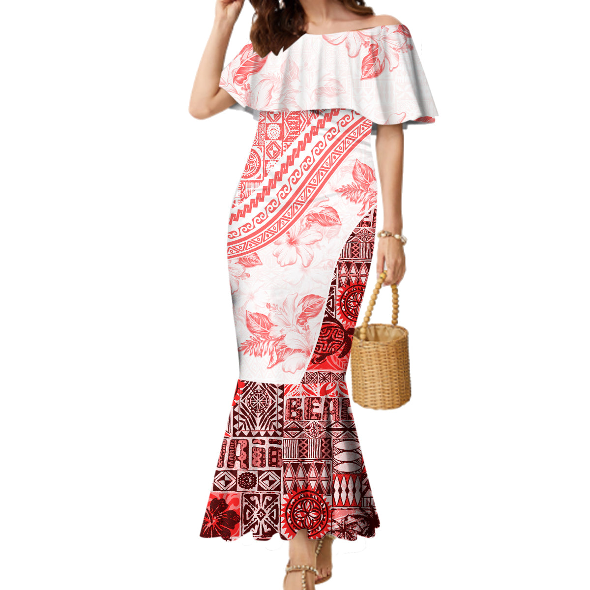 Hawaiian Tapa Family Matching Mermaid Dress and Hawaiian Shirt Traditional Vintage Pattern Red LT05 Mom's Dress Red - Polynesian Pride