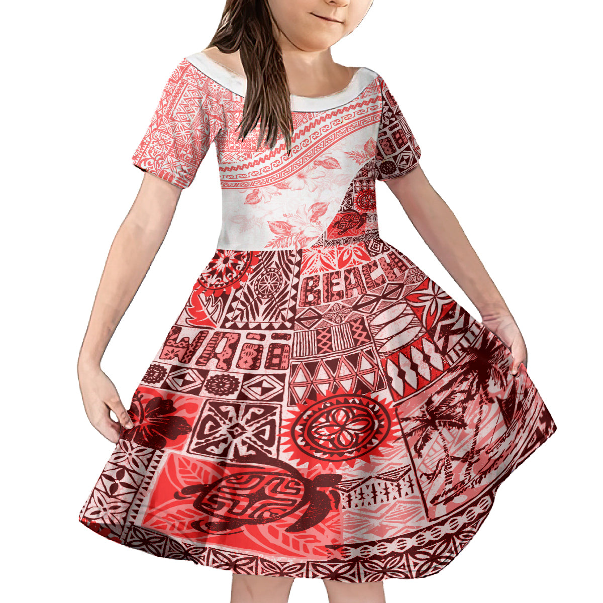 Hawaiian Tapa Family Matching Summer Maxi Dress and Hawaiian Shirt Traditional Vintage Pattern Red LT05 Daughter's Dress Red - Polynesian Pride