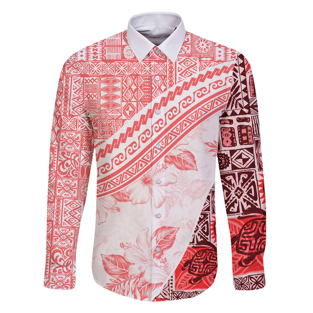 Hawaiian Tapa Family Matching Tank Maxi Dress and Hawaiian Shirt Traditional Vintage Pattern Red LT05 Dad's Shirt - Long Sleeve Red - Polynesian Pride