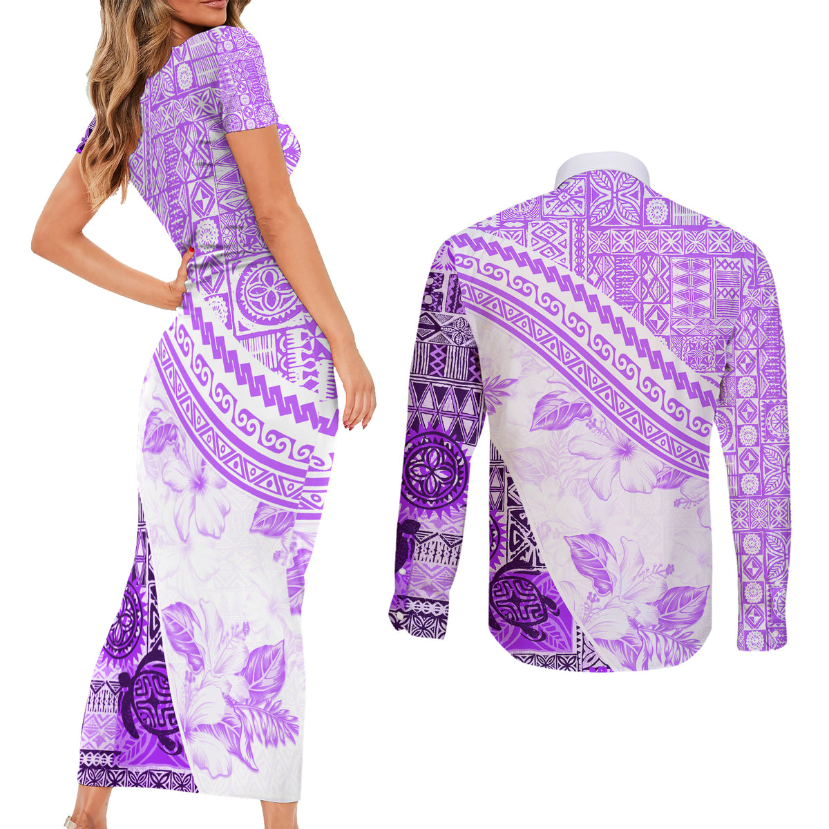 Hawaiian Tapa Couples Matching Short Sleeve Bodycon Dress and Long Sleeve Button Shirt Traditional Vintage Pattern Violet LT05 - Polynesian Pride