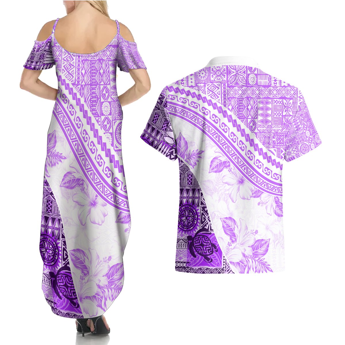 Hawaiian Tapa Couples Matching Summer Maxi Dress and Hawaiian Shirt Traditional Vintage Pattern Violet LT05 - Polynesian Pride