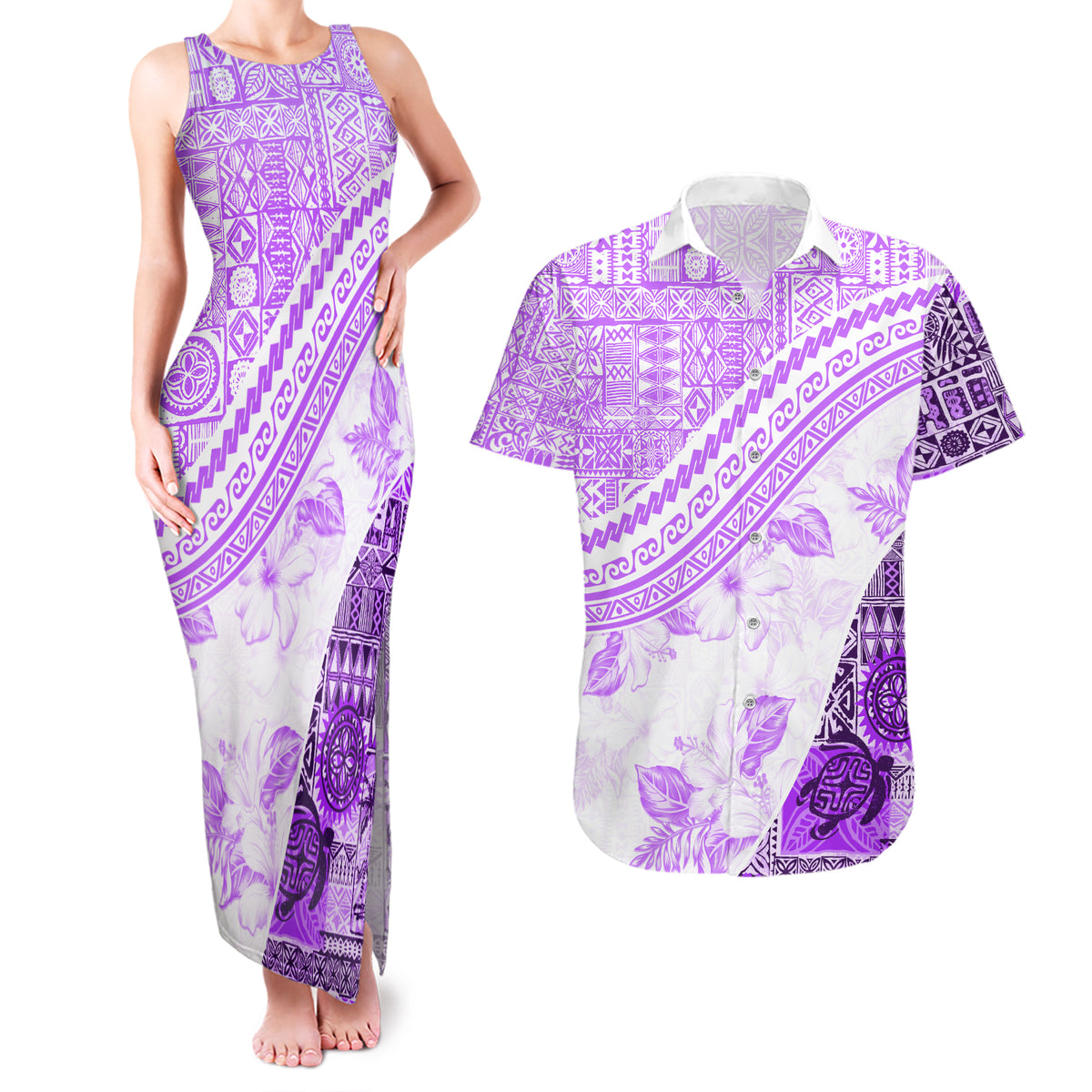 Hawaiian Tapa Couples Matching Tank Maxi Dress and Hawaiian Shirt Traditional Vintage Pattern Violet LT05 Violet - Polynesian Pride