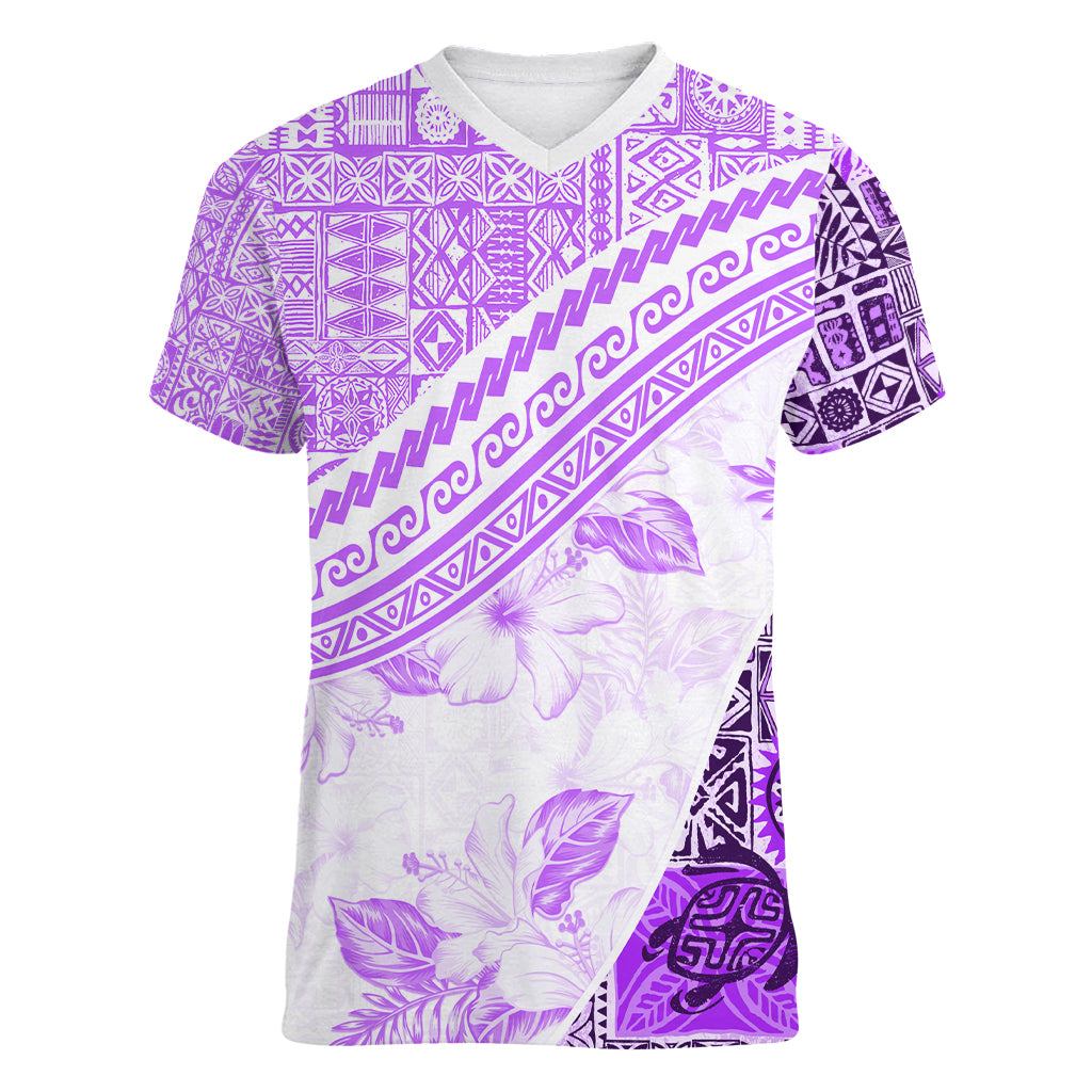 Hawaiian Tapa Women V Neck T Shirt Traditional Vintage Pattern Violet LT05 Female Violet - Polynesian Pride