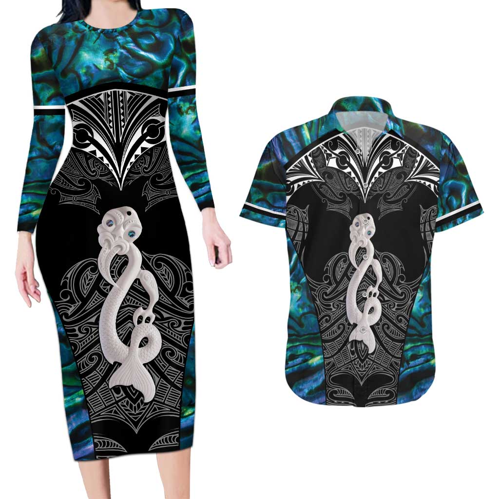 New Zealand Aotearoa Couples Matching Long Sleeve Bodycon Dress and Hawaiian Shirt Maori Taniwha Paua Shell LT05 Black - Polynesian Pride