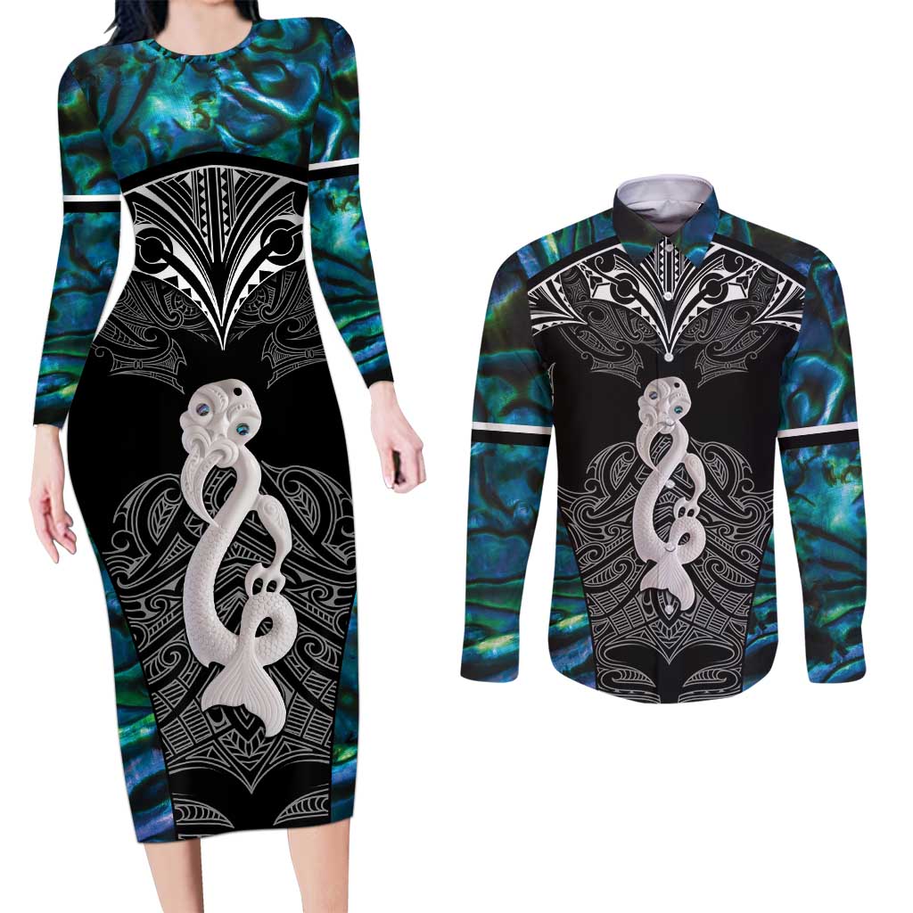 New Zealand Aotearoa Couples Matching Long Sleeve Bodycon Dress and Long Sleeve Button Shirt Maori Taniwha Paua Shell