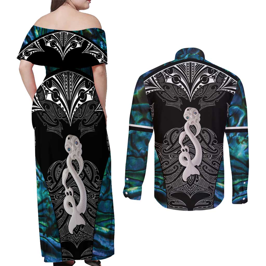 New Zealand Aotearoa Couples Matching Off Shoulder Maxi Dress and Long Sleeve Button Shirt Maori Taniwha Paua Shell